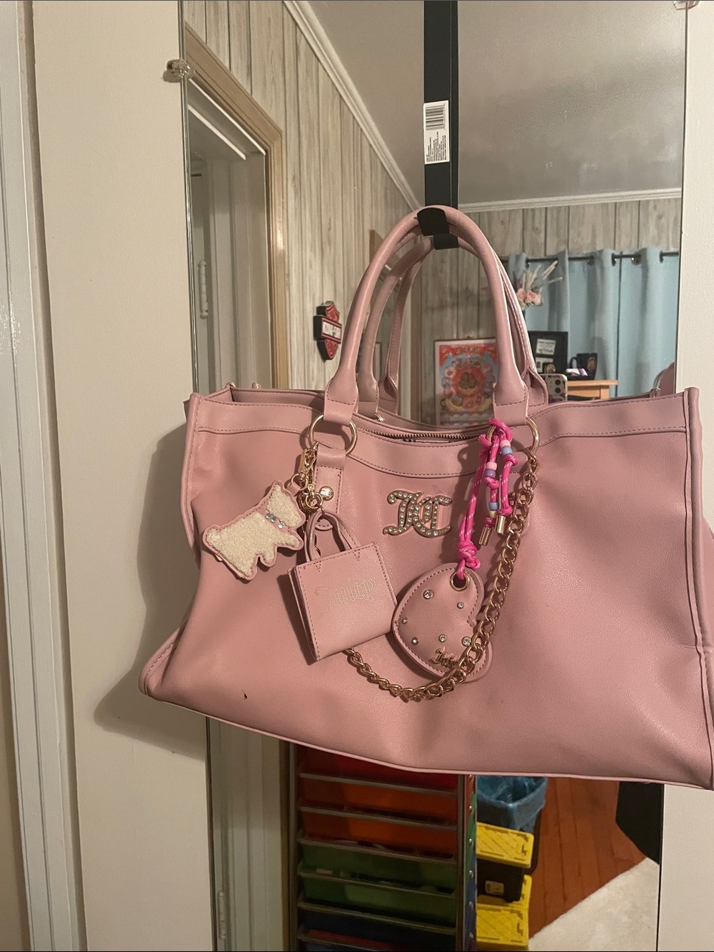 Juicy Couture (JC) Blush Pink Tote Bag Purse with Three Chain Charm Accents